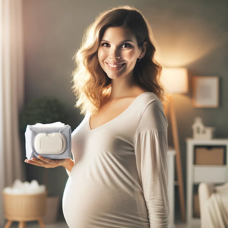 A serene and joyful pregnant woman standing in a softly lit room, holding a box of baby wipes in her hand.