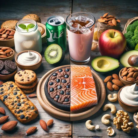 Split Image: Half showing low-fat processed foods (fat-free yogurt, baked chips) and the other half featuring healthy fatty foods (avocado, salmon, nuts on a wooden board).