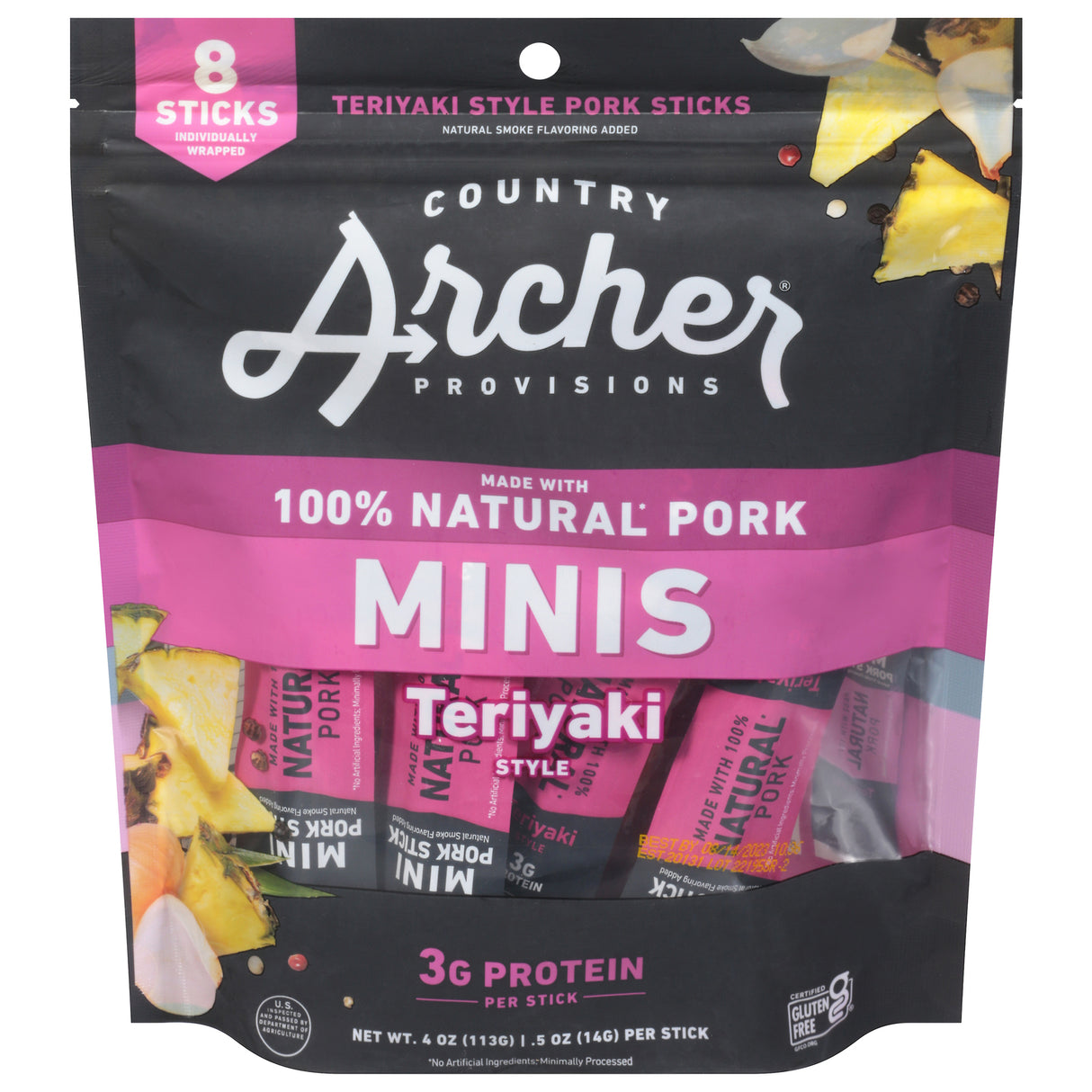 Country Archer Jrky Pork Mini Teri Sticks - Case of 10 - 4 Oz Each - Cozy Farm