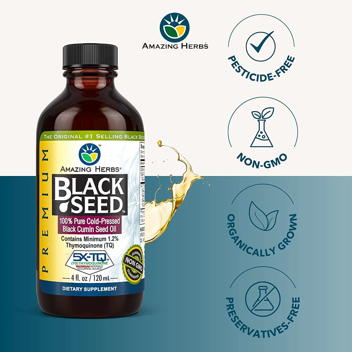 Bottle of Amazing Herbs Black Seed oil with certification icons on a white and blue gradient background