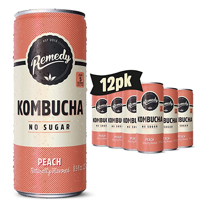 Remedy Kombucha - Fortified with Probiotics - Delicious Peach Flavor - 11 Fl Oz Cans - Pack of 12 - Cozy Farm
