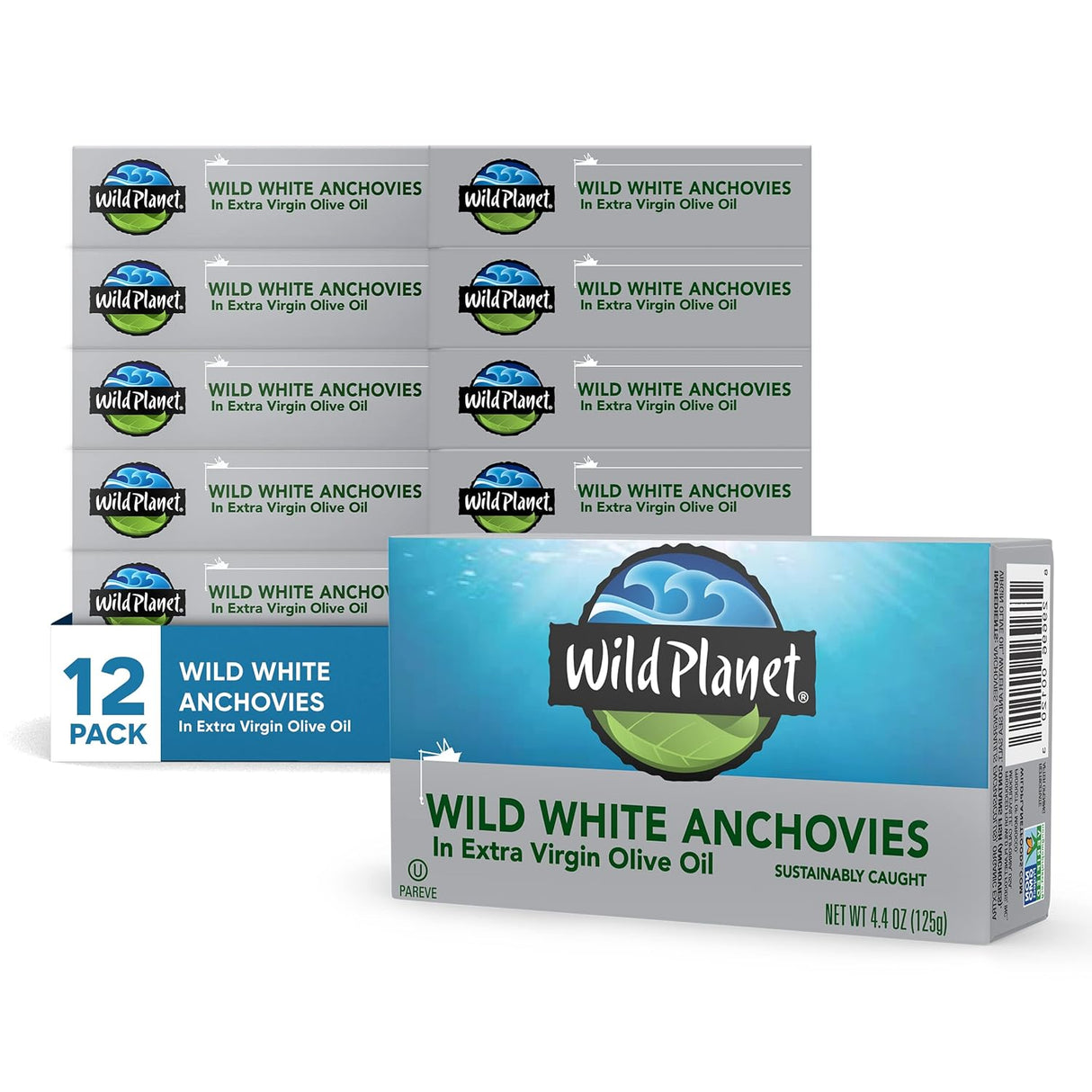 12 boxes of Wild Planet wild white anchovies in extra virgin olive oil on a white background