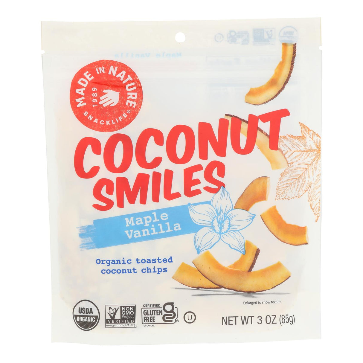 Made In Nature Organic Toasted Coconut Chips - Maple Madagascar Vanilla Flavor - 3 Oz (Pack of 6) - Cozy Farm