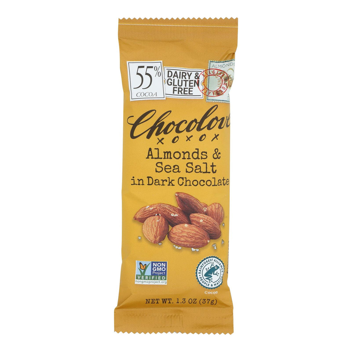 Chocolove Xoxox Premium Dark Chocolate Bar with Almonds & Sea Salt - 1.3 Oz Single Bars (Case of 12) - Cozy Farm