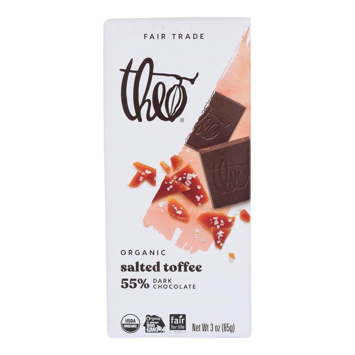 Theo Salted Toffee 55% Dark Chocolate Bar - 3 Oz., Case of 12 - Cozy Farm