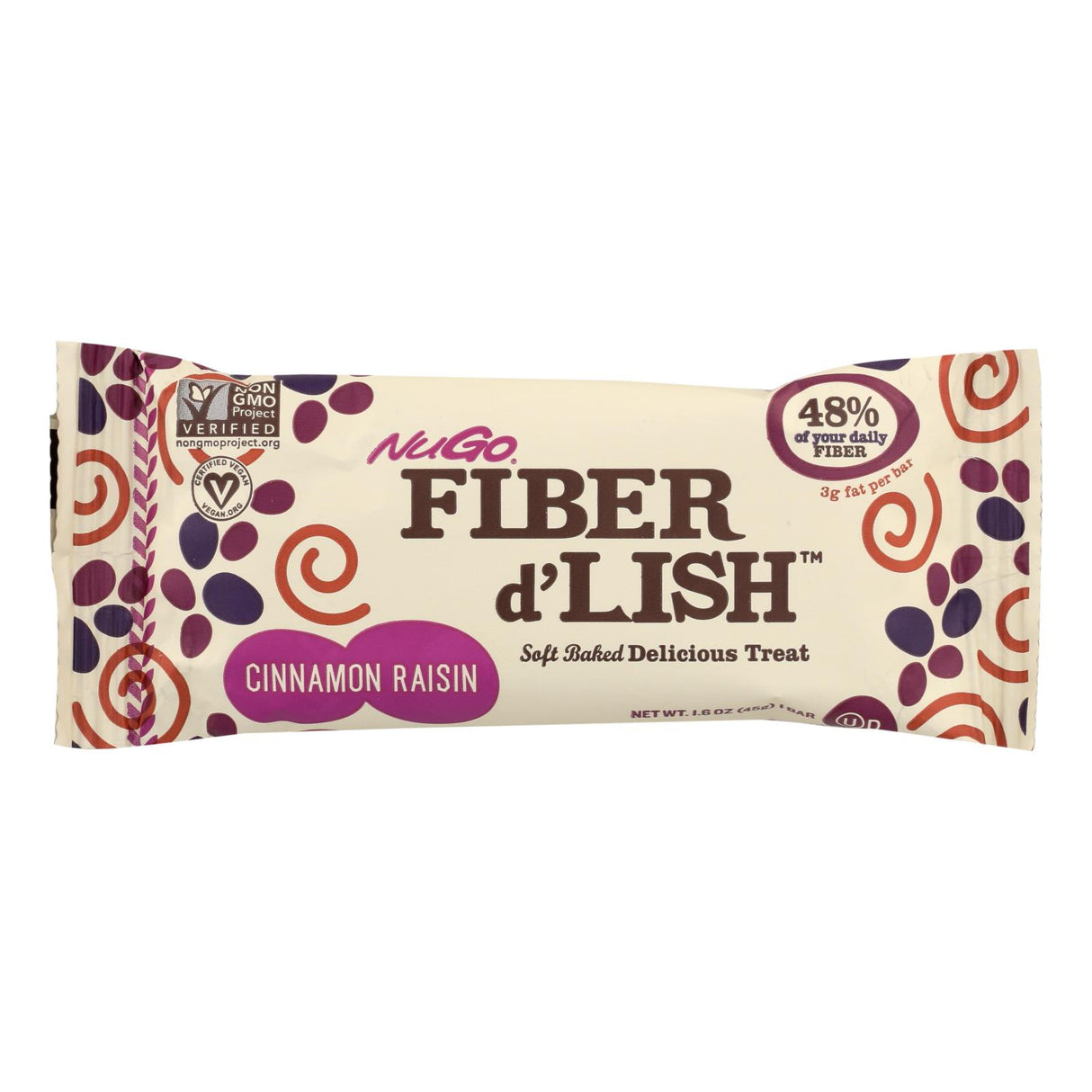Nugo Fiber Dlish Cinnamon Raisin Nutrition Bar - 1.6 Oz Bars - Case of 16 - Cozy Farm