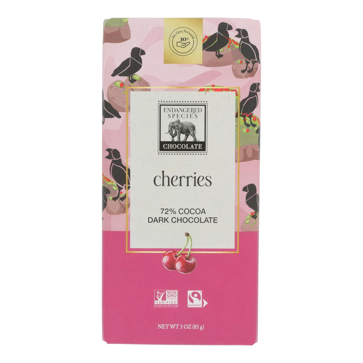 Endangered Species Dark Chocolate Bar, 72% Cocoa, Natural, With Cherries, 3oz Bar (12 Pack) - Cozy Farm