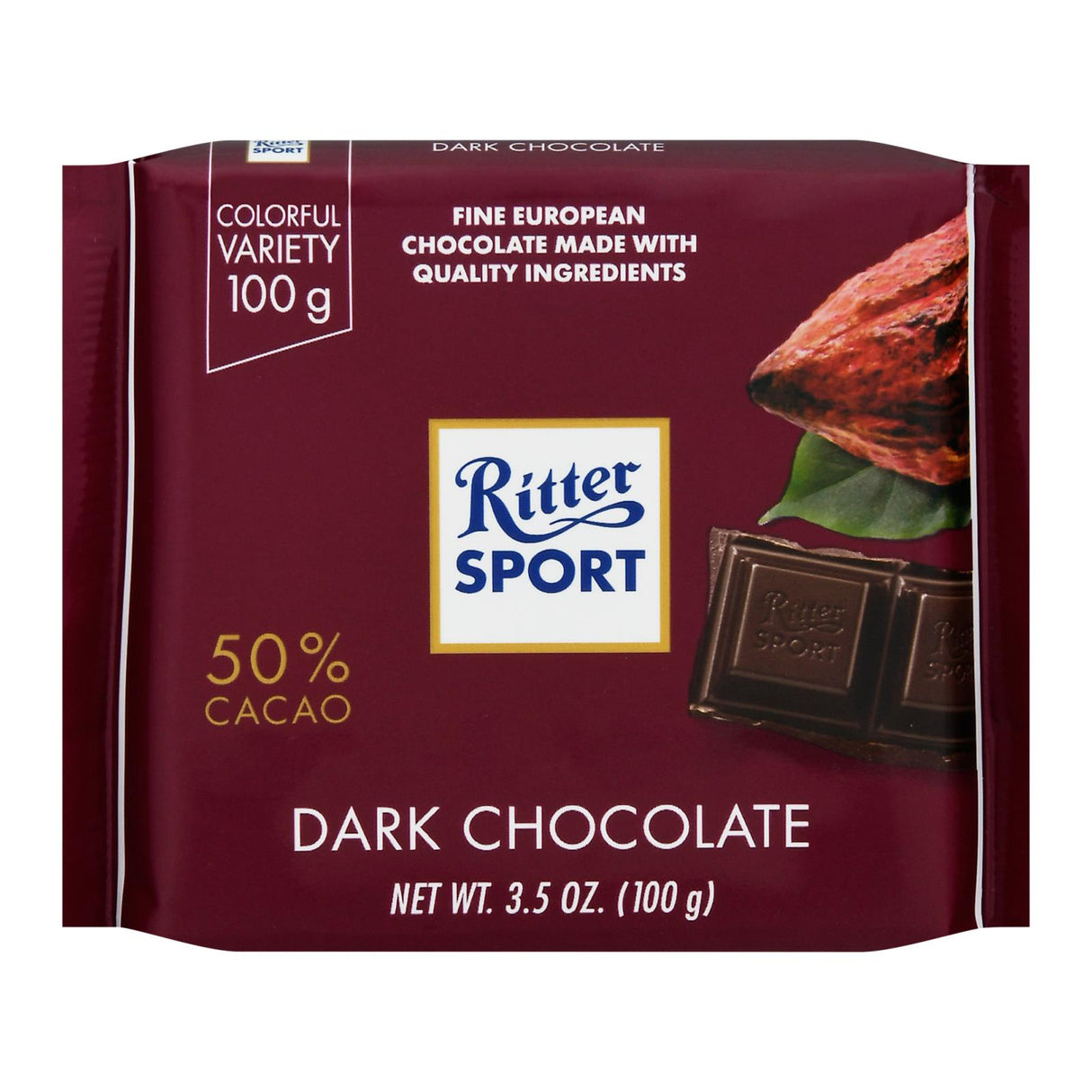 Ritter Sport Dark Chocolate Bar - 50% Cocoa - 3.5 Oz Bar - Case of 12 - Cozy Farm