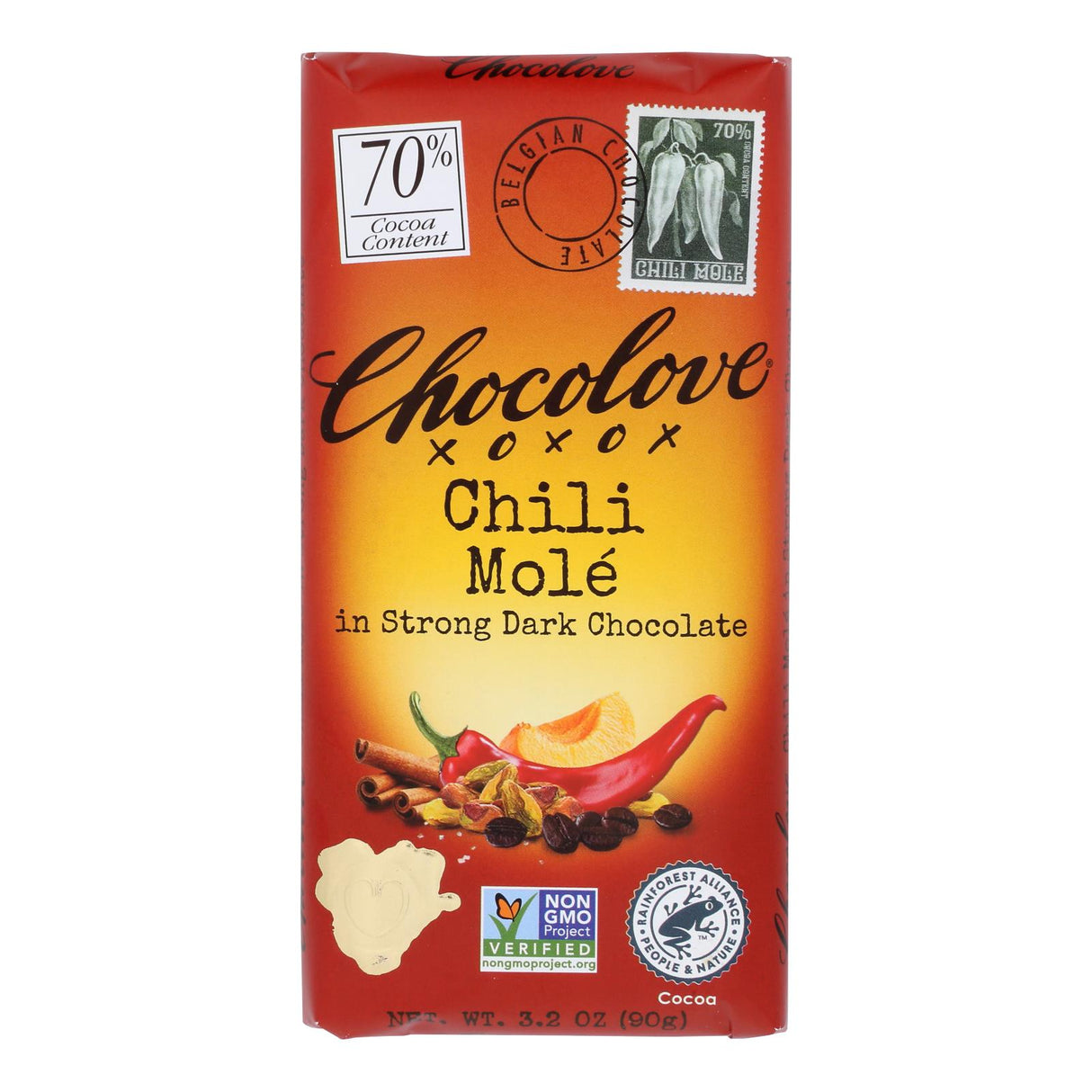 Chocolove Case of 12 - 3.2 Oz Chili Mole 70% Dark Chocolate Bars - Cozy Farm
