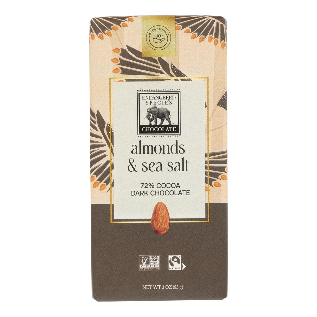 Endangered Species Sea Salt & Almonds Dark Chocolate Bar - 72% Cocoa, 3 Oz Bar (Case of 12) - Cozy Farm