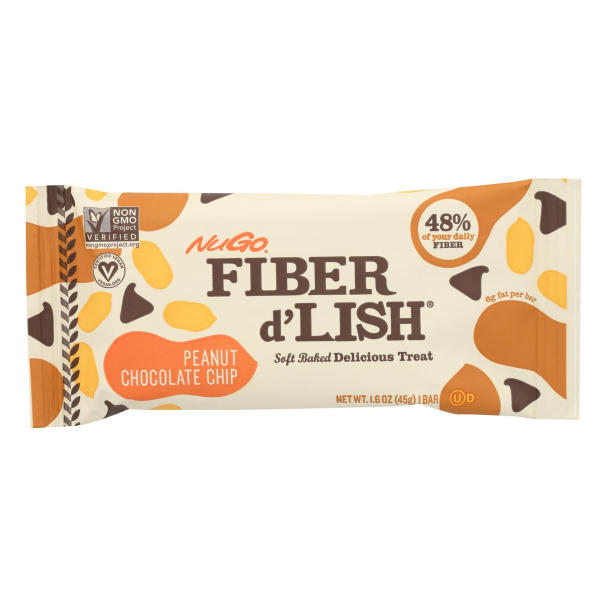 Nugo Fiber Dlish Peanut Chocolate Chip Bar - 1.6 Oz - Case of 16 - Cozy Farm