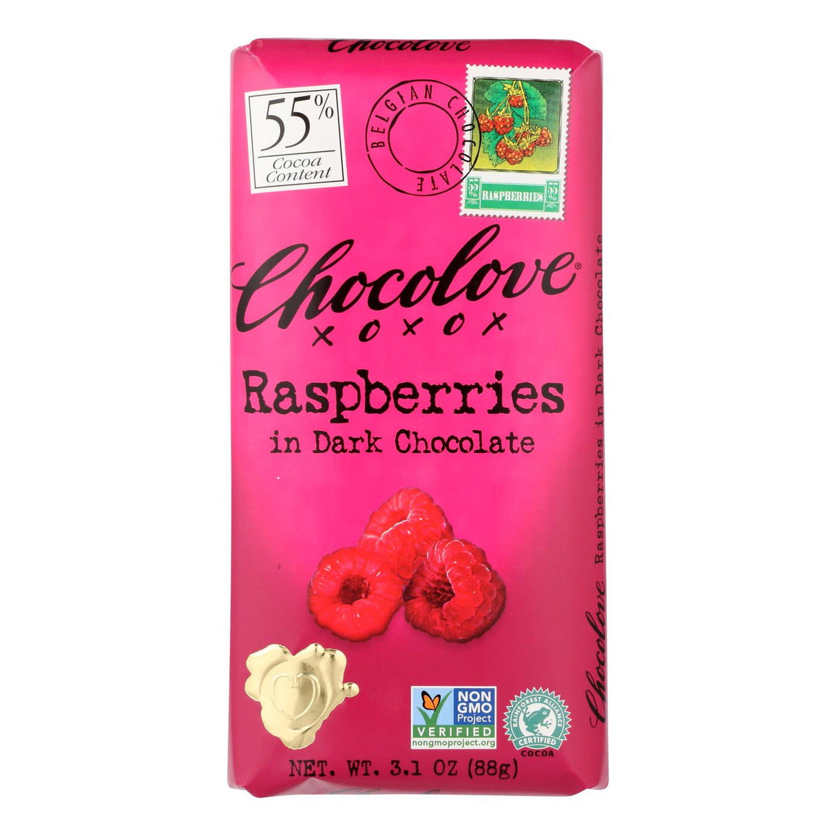 Chocolove XOXOX: Premium Dark Chocolate Bars with Raspberries, 3.1 Oz (Case of 12) - Cozy Farm