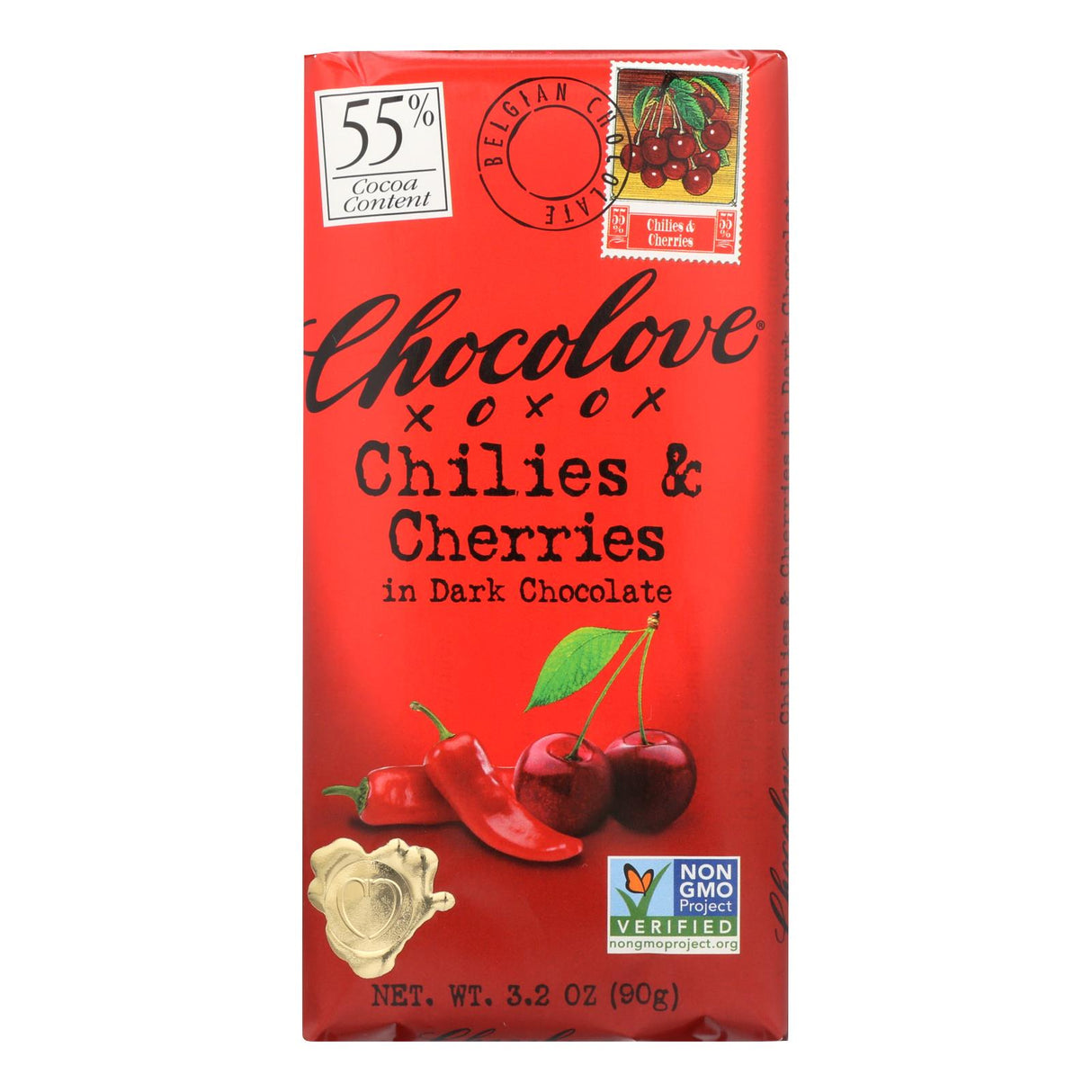 Chocolove XOXOX Premium Dark Chocolate Bar with Fiery Chilies and Sweet Cherries, 3.2 Oz (Pack of 12) - Cozy Farm