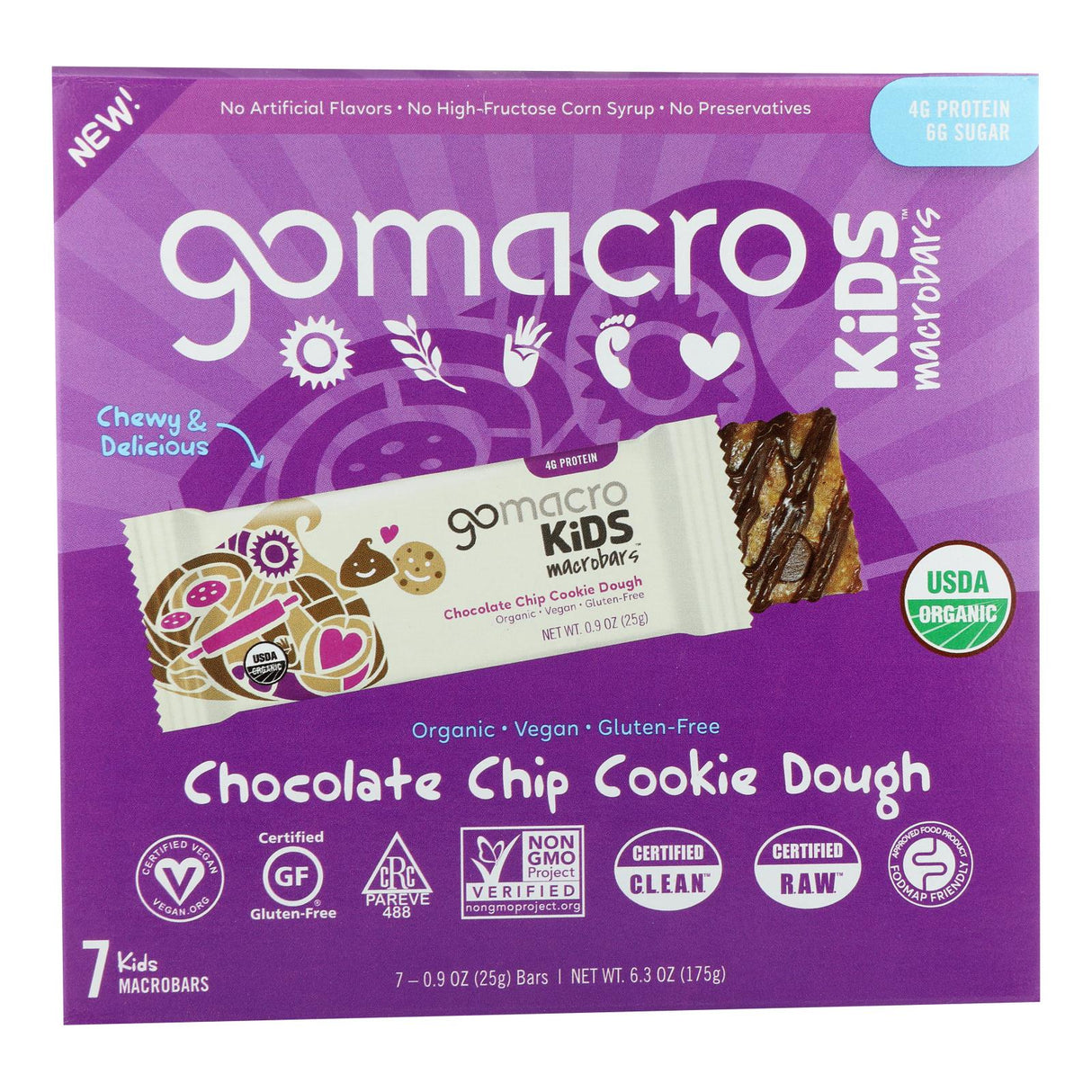 Gomacro Kids Macrobar Chocolate Chip Cookie Dough, 6.3 Oz (Pack of 7) - Cozy Farm