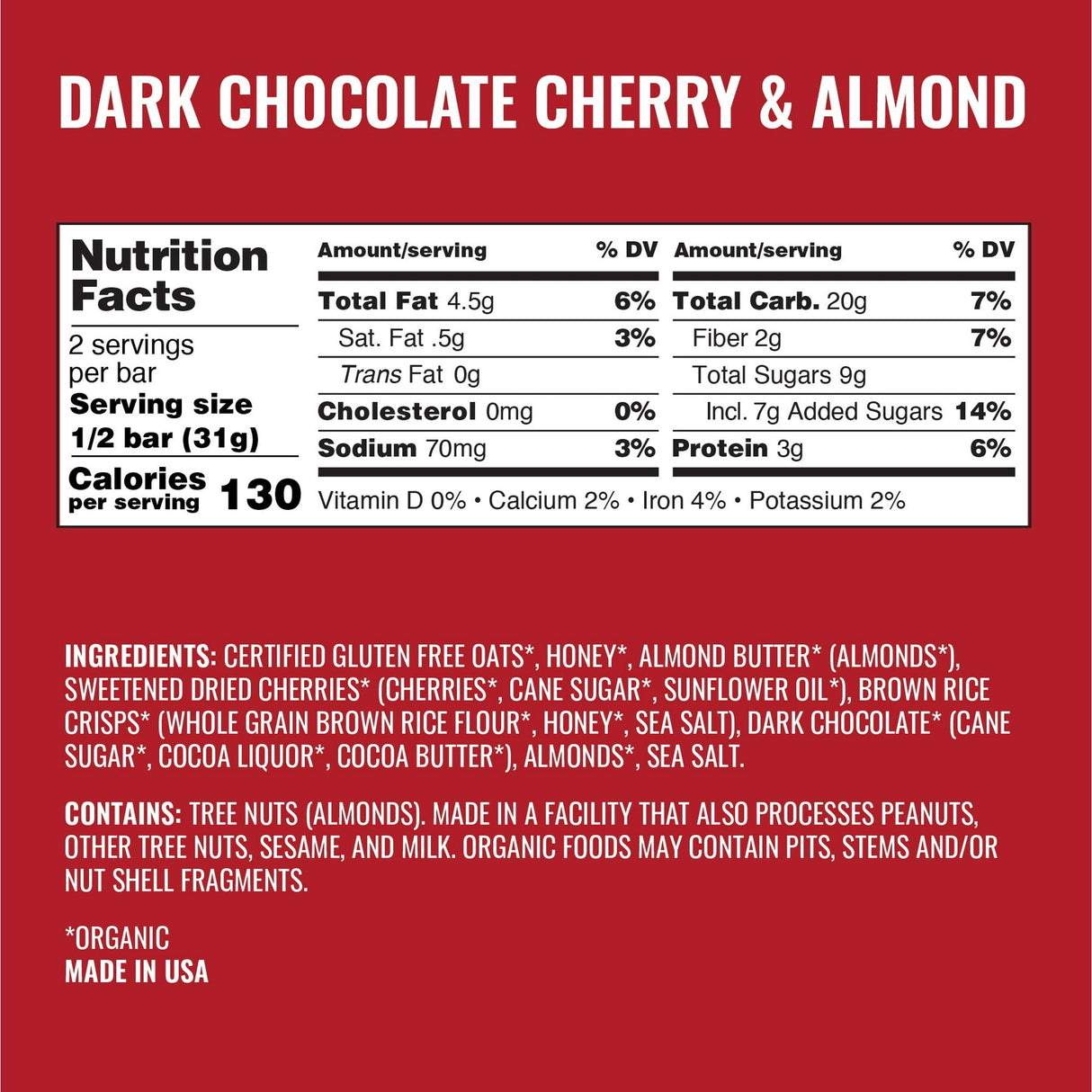 Kate's Real Food Organic Dark Chocolate Cherry Almond Energy Bar, 2.2 oz, Case of 12