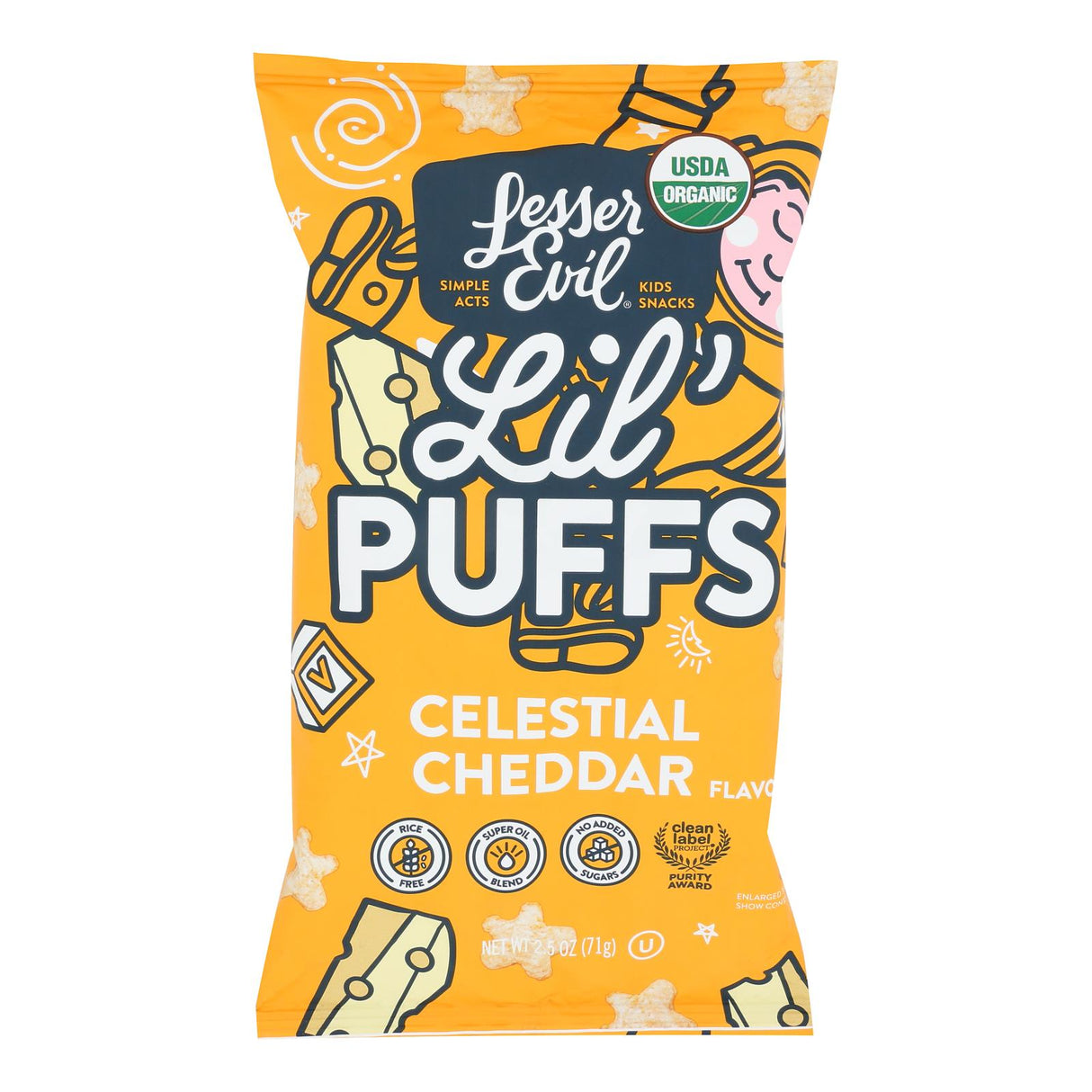 Lesser Evil Little Puffs Organic Non-Dairy White Cheddar Snacks, Pack of 5, 2.5oz Each - Cozy Farm