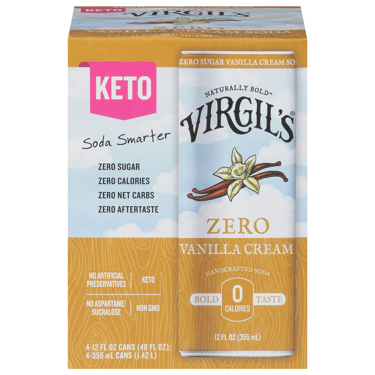 Virgil's Zero Sugar Vanilla Cream Soda, 4/12 Fl oz Cans (Case of 6) - Cozy Farm