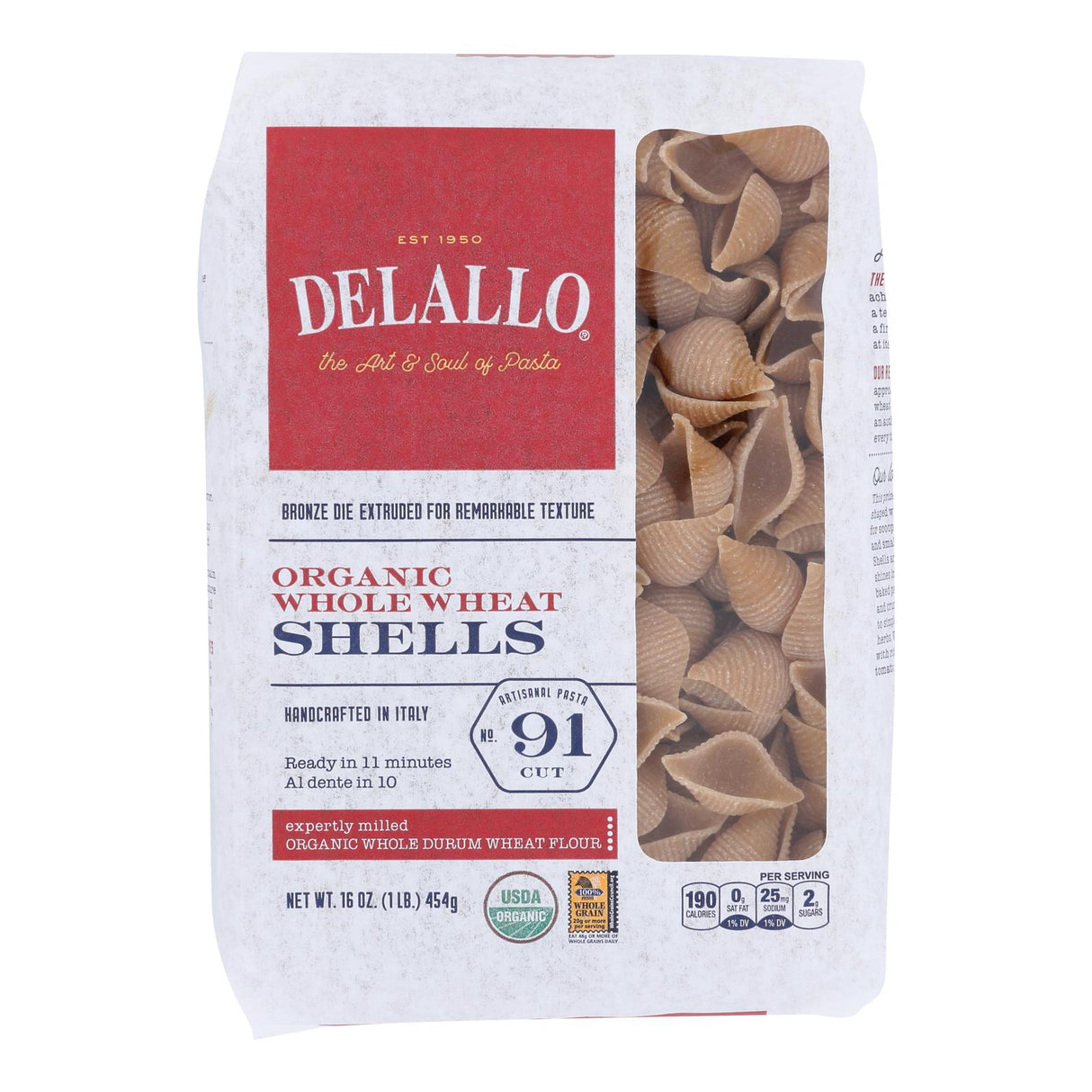 Delallo Organic Whole Wheat No. 91 Shells Pasta, 16 oz - Cozy Farm