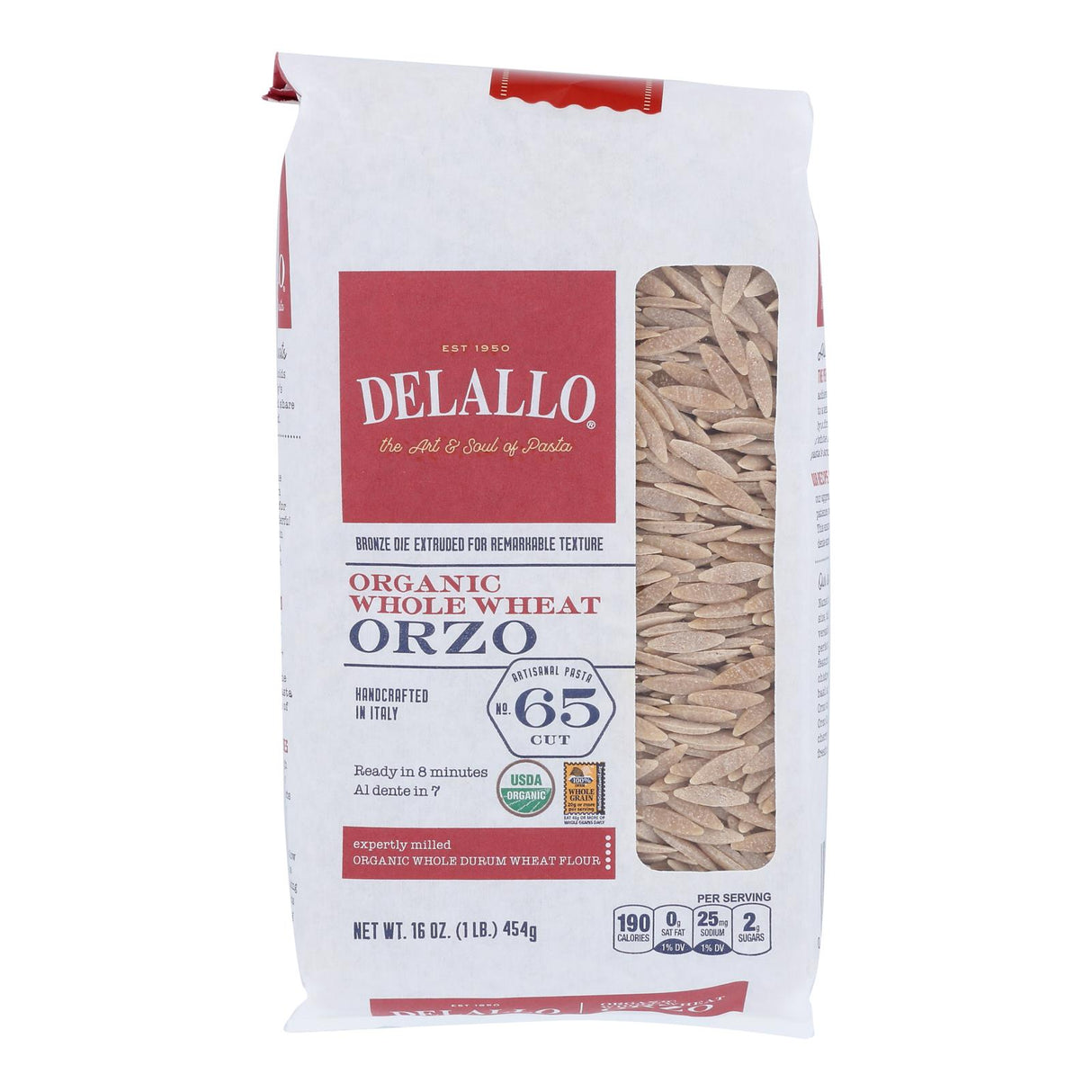 Delallo Organic Whole Wheat Number 65 Orzo Pasta, 16 oz. (Case of 12) - Cozy Farm