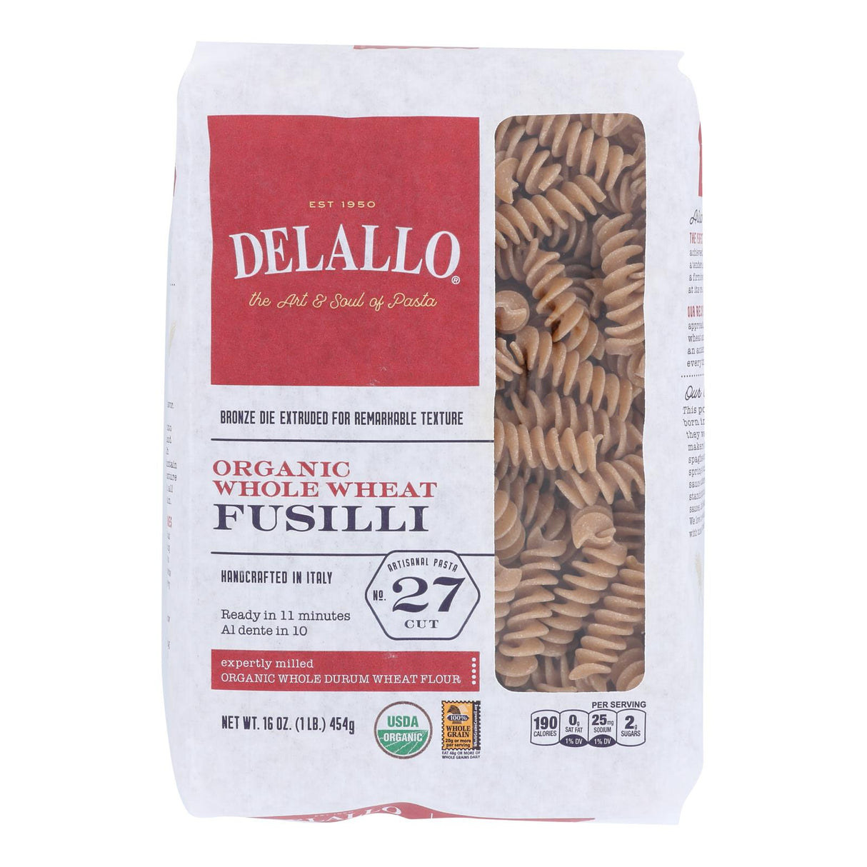 Delallo Organic Whole Wheat Fusilli Pasta Number 27 - 8 oz. (Pack of 8) - Cozy Farm