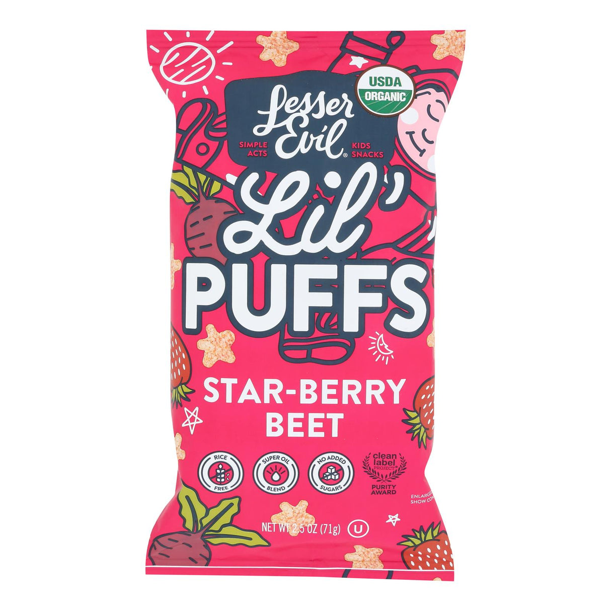 Lesser Evil Little Puffs Organic Strawberry Beet Puffed Rice Snacks, Gluten Free - 2.5 Oz. (Case of 5) - Cozy Farm