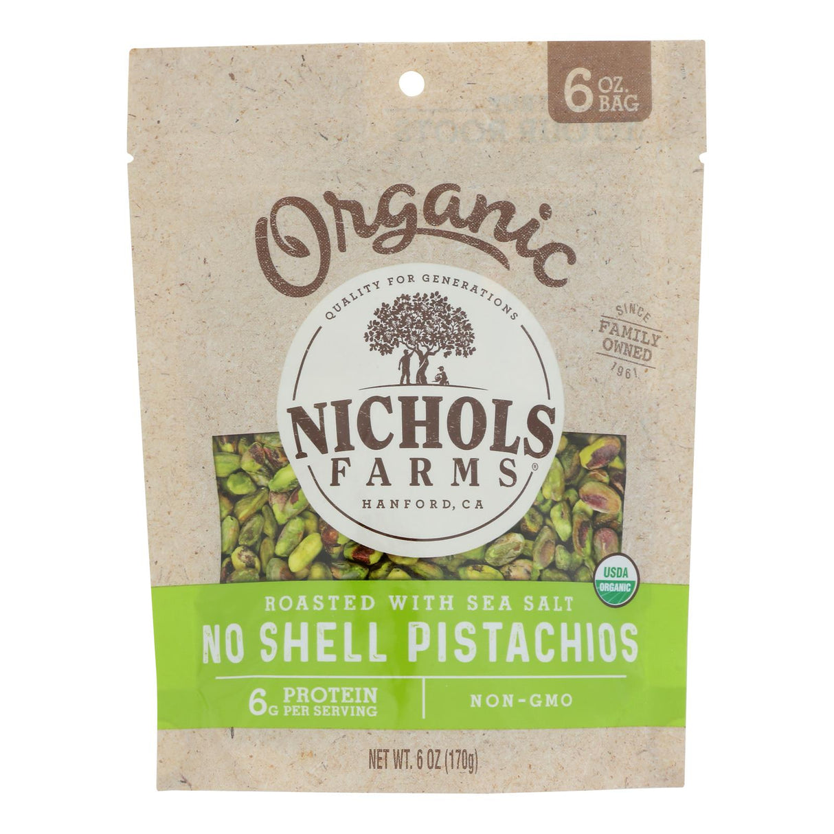 Nichols Farms Organic Pistachios, Shell-Less Roasted Salted - 15 (6 oz) Packs - Cozy Farm
