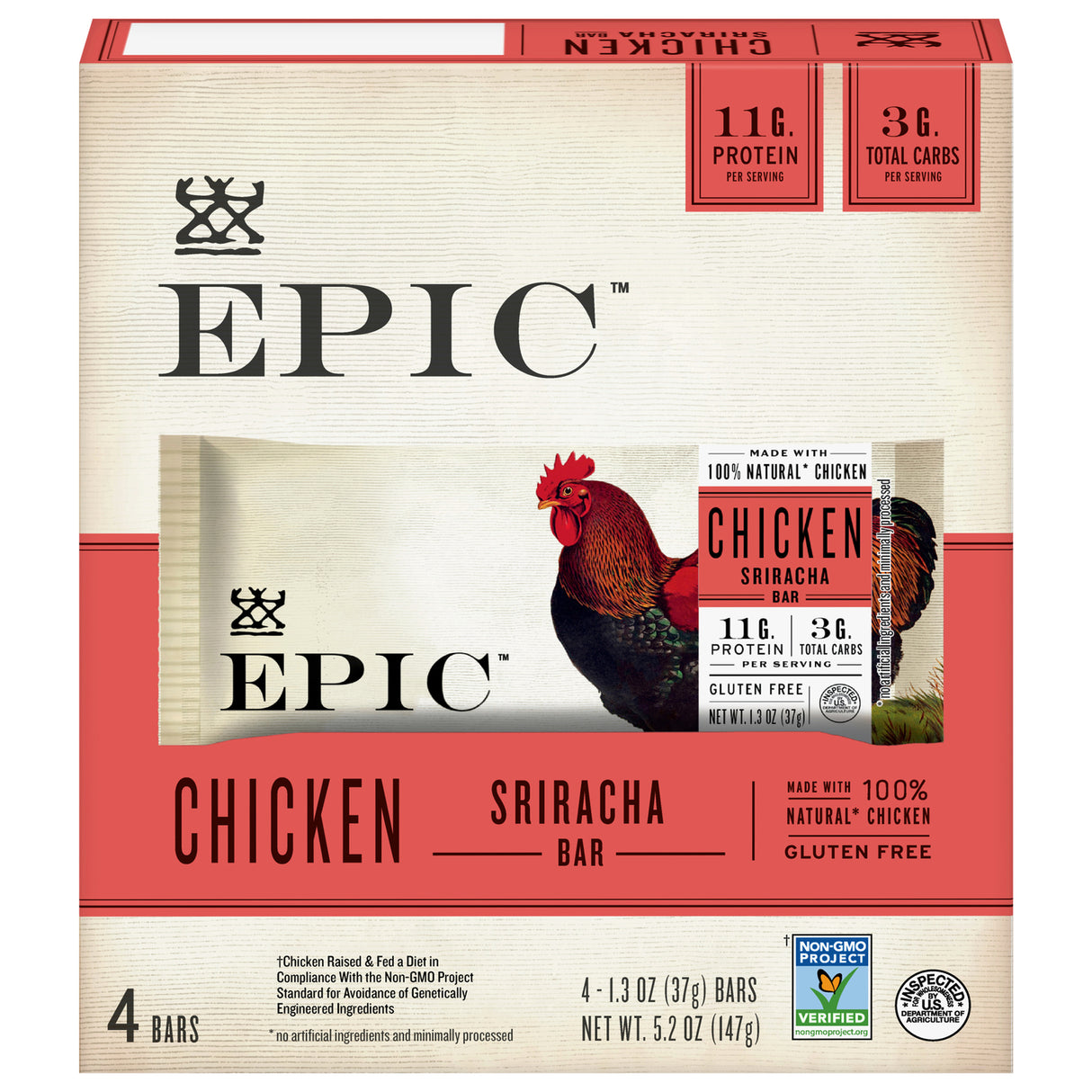Epic Chicken Sriracha Bar - 4 Pack (1.3 oz) - Cozy Farm 