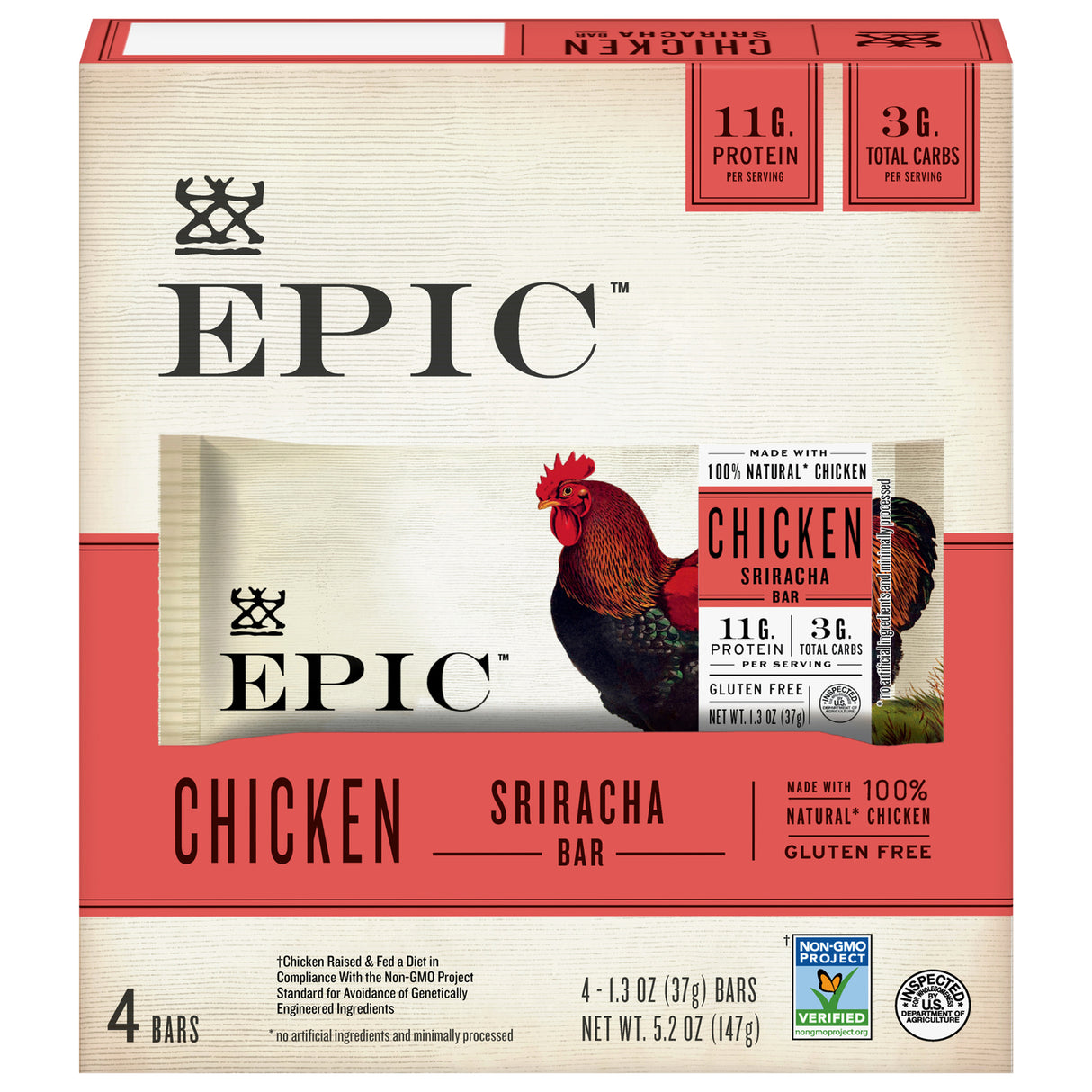 Epic Chicken Sriracha Bar - 4 Pack (1.3 oz) - Cozy Farm