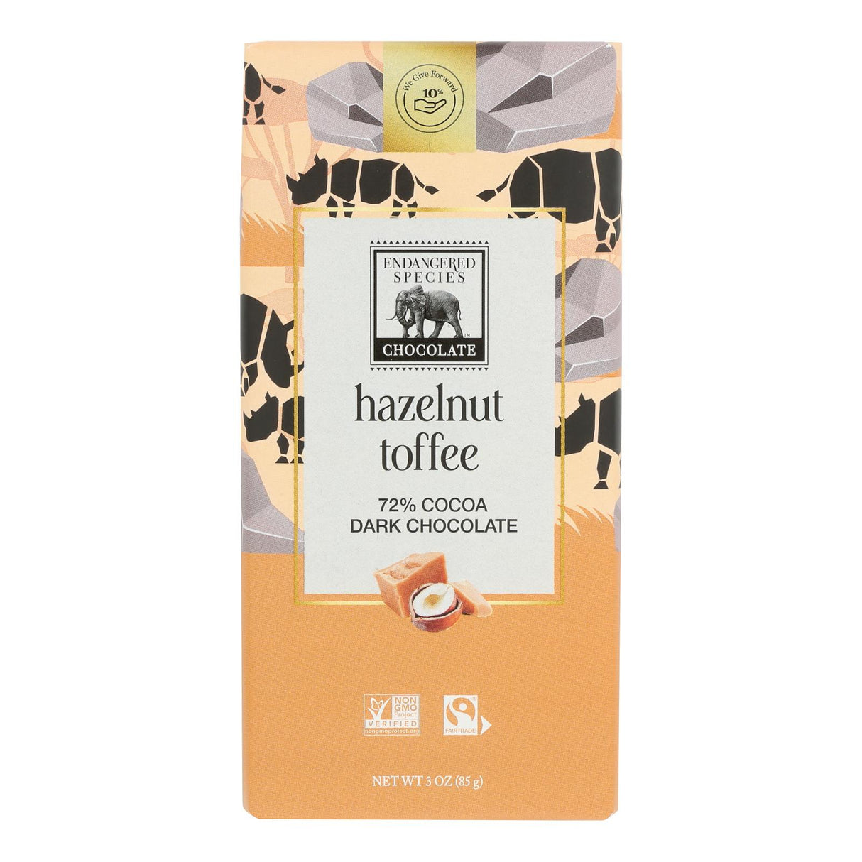 Endangered Species Natural Chocolate Bars - 72% Dark Chocolate With Hazelnut Toffee - 3 Oz Bars - Case Of 12 - Cozy Farm