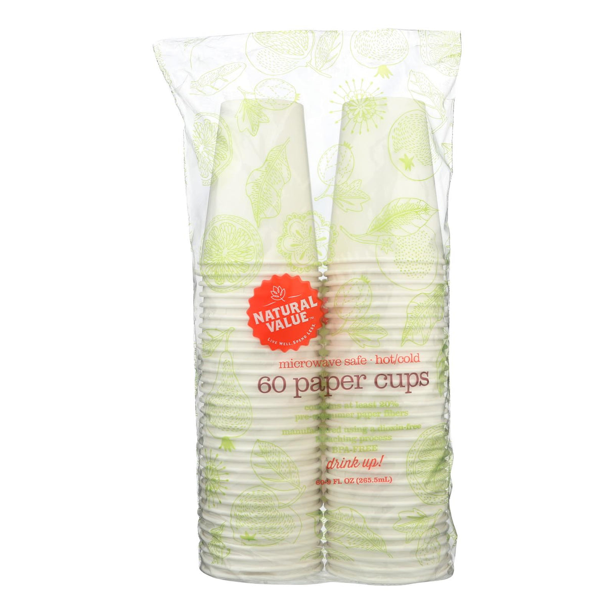 Natural Value Recyclable Paper Cups - Case of 12 Packs (60 Cups) - Cozy Farm