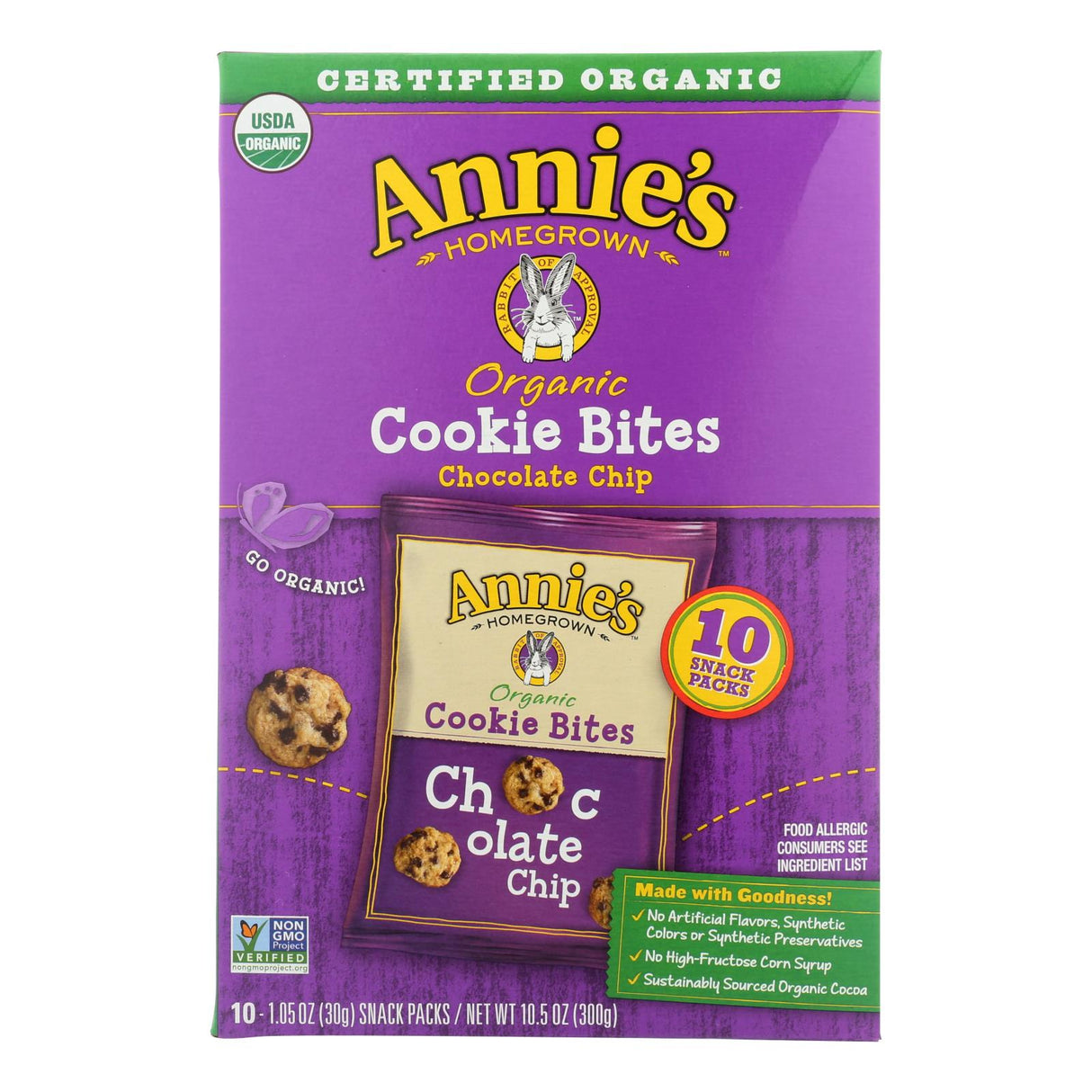 Annie's Homegrown Cookie Bites Chocolate Chip 10- 1.05 - Pack of 6 - 10 Ct