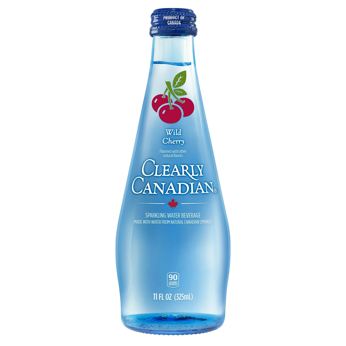 Blue bottle of 'Clearly Canadian' Wild Cherry sparkling water on a white background