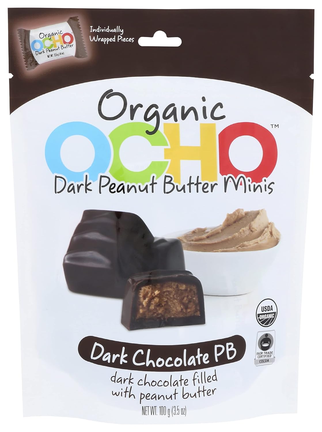Ocho Candy Mini Pouch Dark Chocolate Peanut Butter, 3.5 Oz, Case of 12 - Cozy Farm