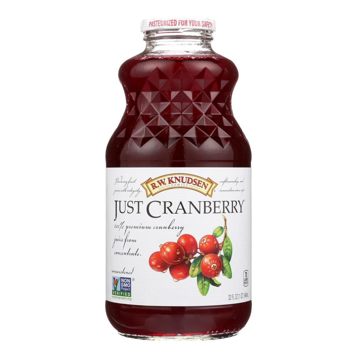 R.W. Knudsen Just Cranberry Juice - 32 Fl Oz, Pack of 6 - Pure & Unsweetened