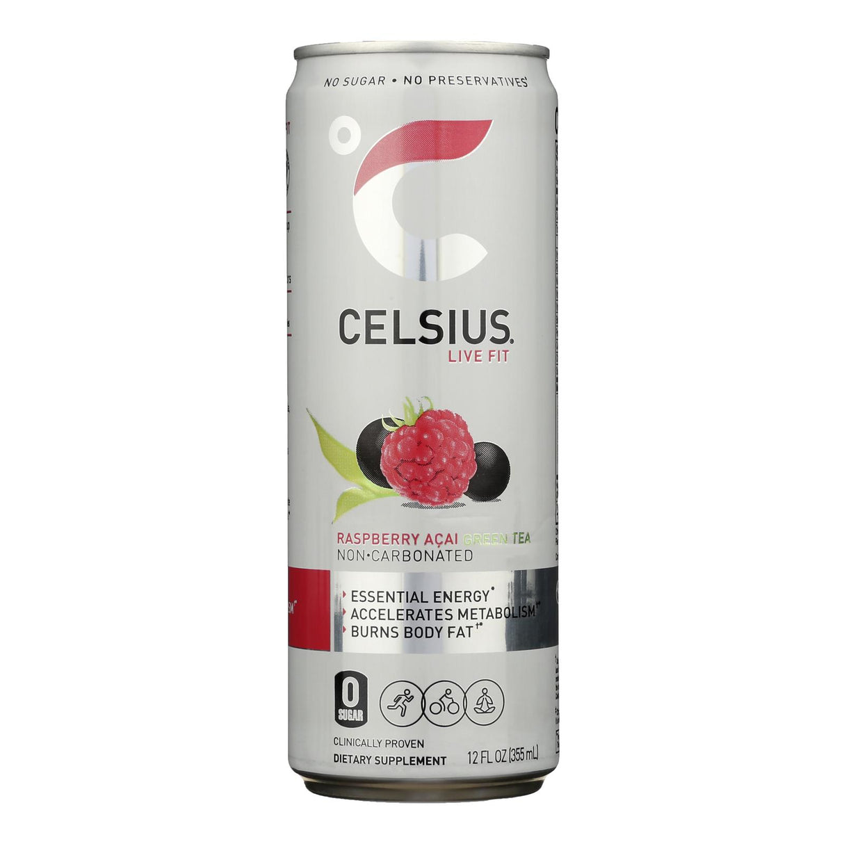 Celsius Raspberry Acai Green Tea - 12 Fl Oz, 12-Pack - Non-Carbonated Dietary Supplement