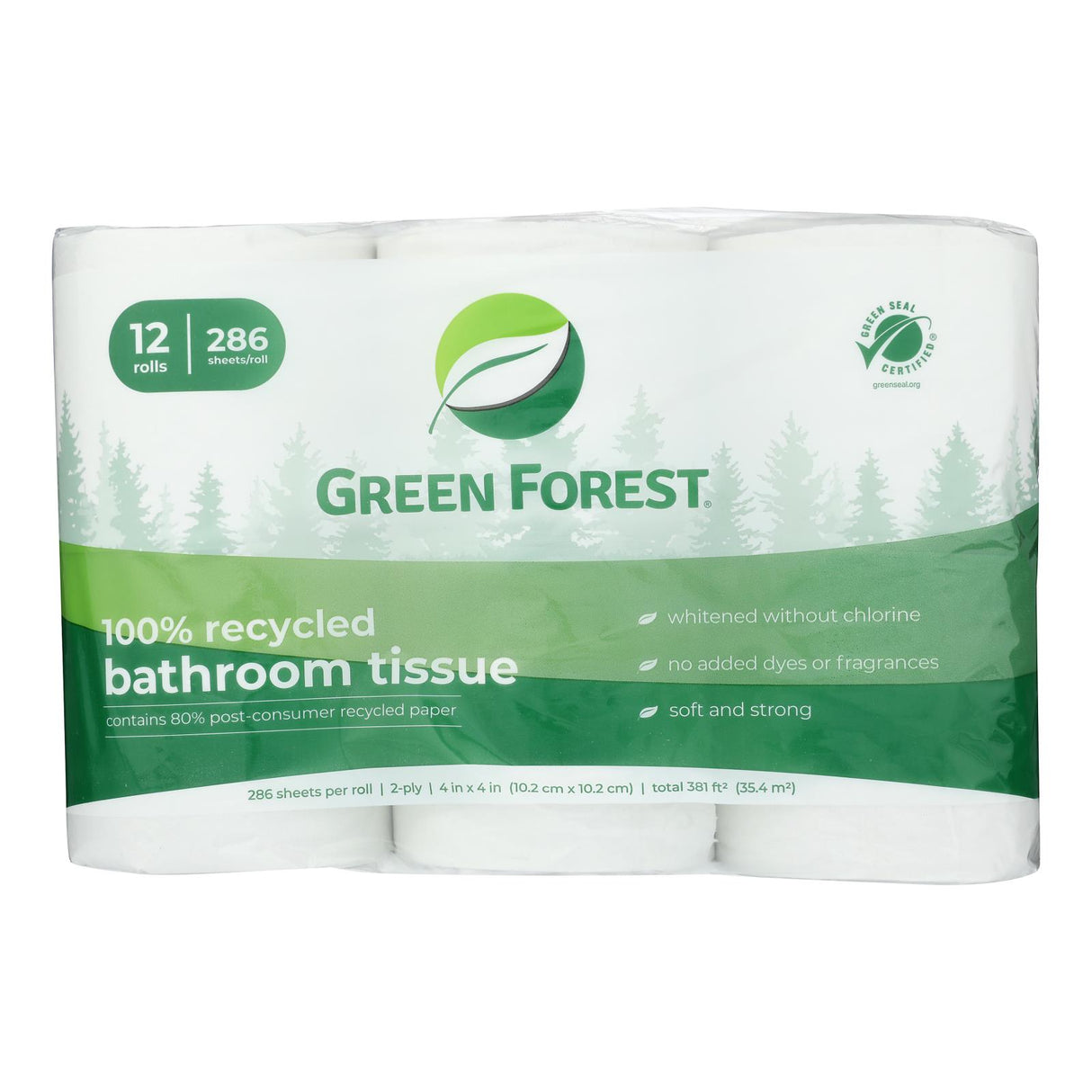 Green Forest Bath Tissue, 4 Packs of 12 Rolls (48 Total Rolls), Hypoallergenic & Septic Safe
