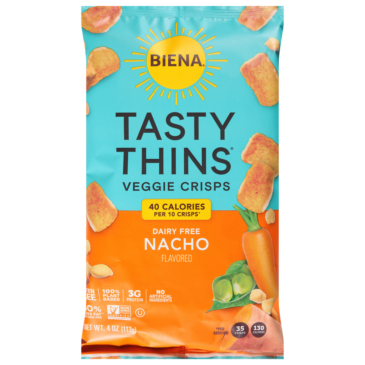 Biena Chickpea Snacks, Tasty Thins Nacho, 4 oz Bags, Pack of 12 - Gluten-Free & Plant-Based