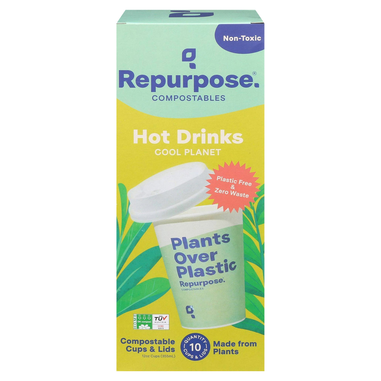 Repurpose Compostable Hot Cups with Lids, 12 oz, 10 Count Case - Eco-Friendly