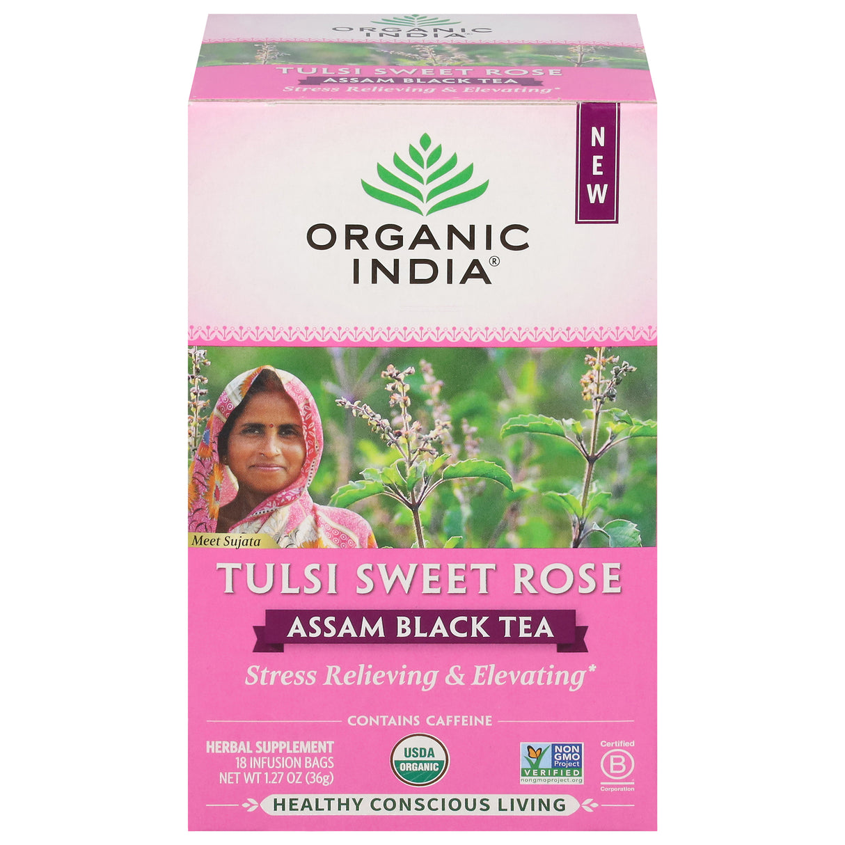 Organic India Tulsi Sweet Rose Black Tea Bags: Soothing & Delicious, 6x18