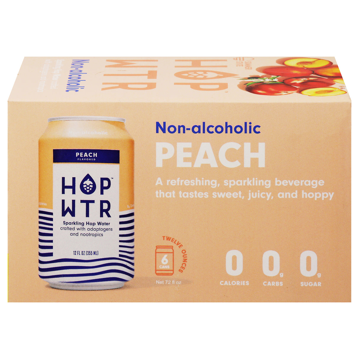 Hop Wtr - Sparkling Peach Hop Water, 6/12 fl oz (Case of 4) - Non-Alcoholic Refreshment