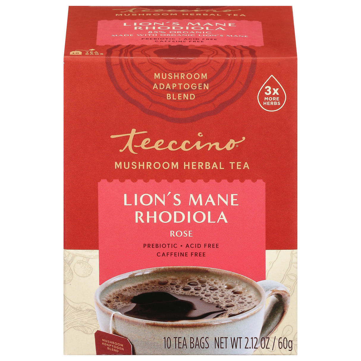 Teeccino Mushroom Tea: Lion's Mane, Reishi & Chaga, Organic,Caffeine-Free 60 Bags