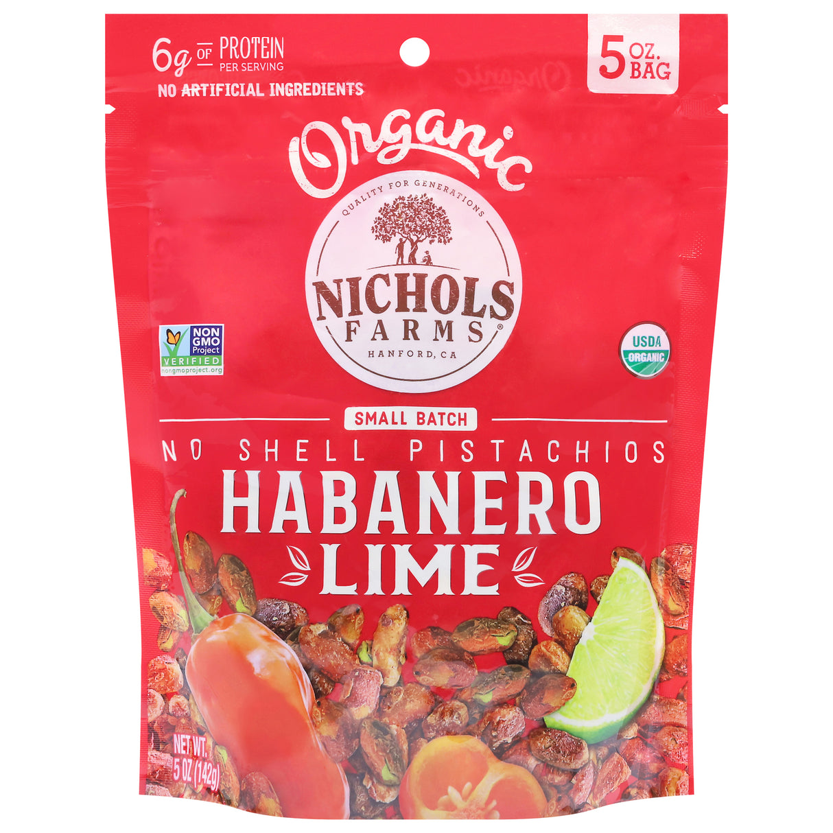 Nichols Farms Pistachios - Habanero Lime No Shell - (Pack of 12) 5 oz Bags