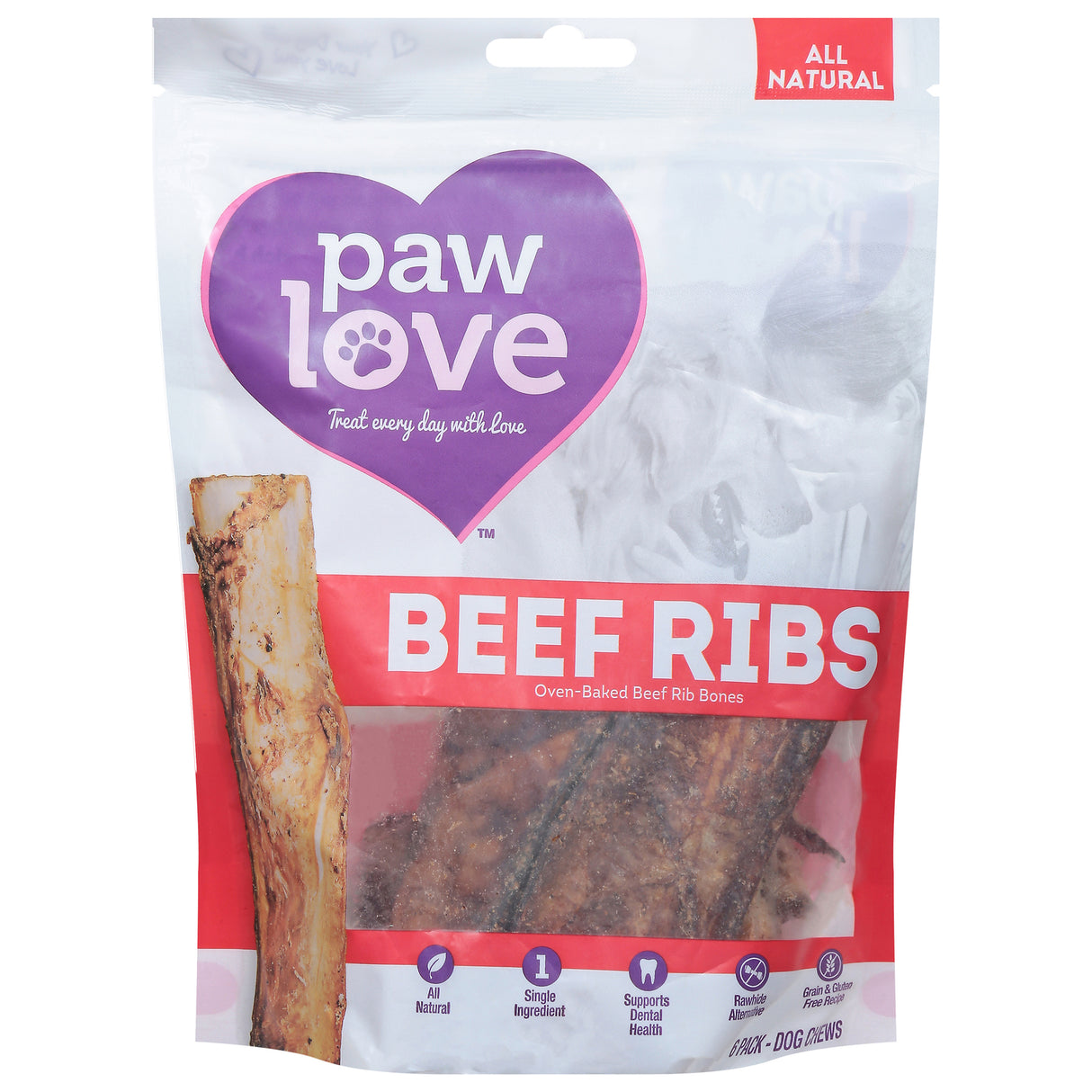 Paw Love Beef Ribs Dog Treats - Oven Baked, All Natural, 6 Count, Delicious