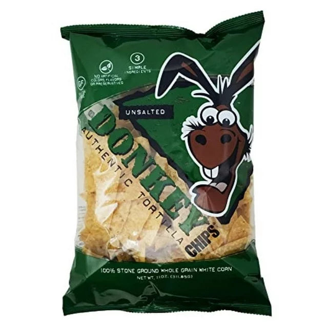 Donkey Chips Unsalted Tortilla Chips - 12 x 11 Ounces - Cozy Farm