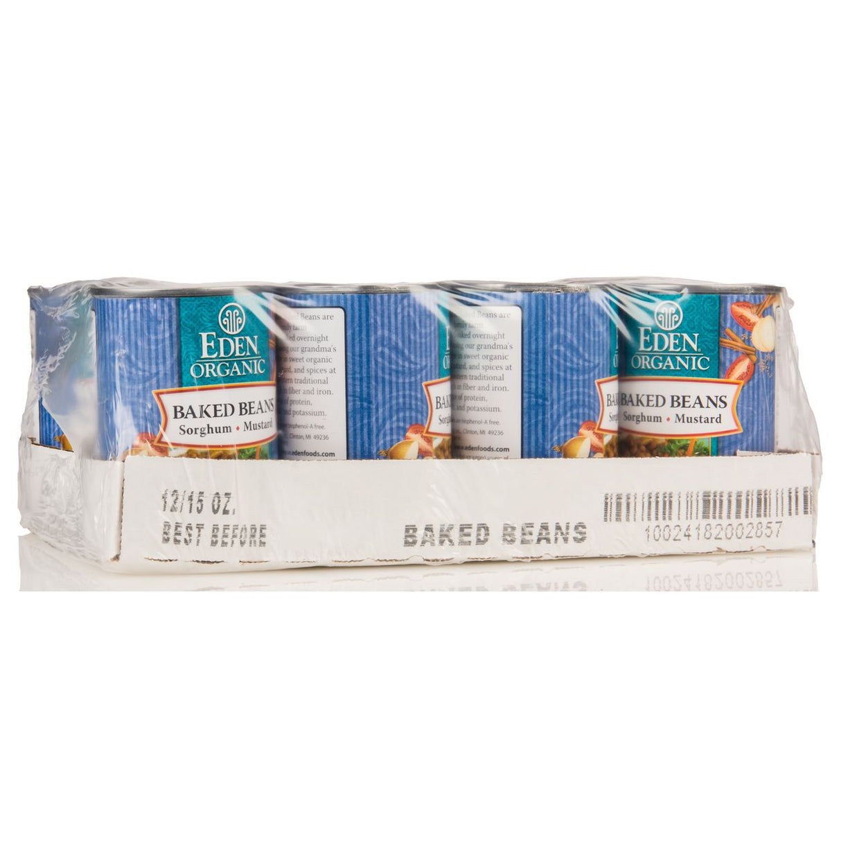 Pack of Eden Organic baked beans in a white box on a white background
