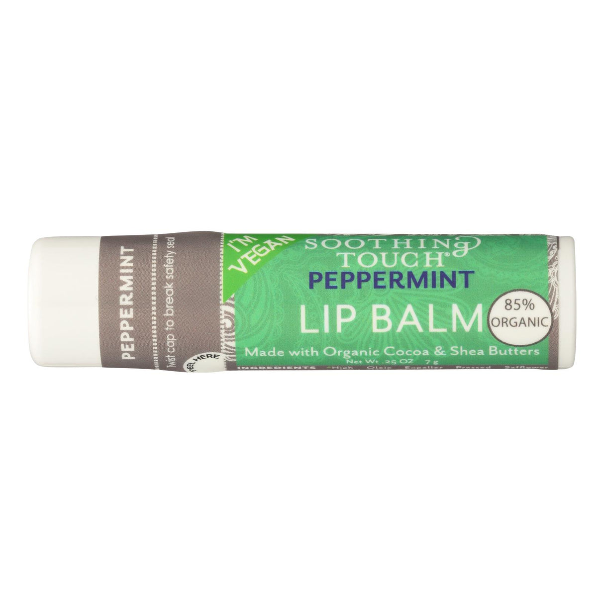 Lip balm stick with green label on a white background