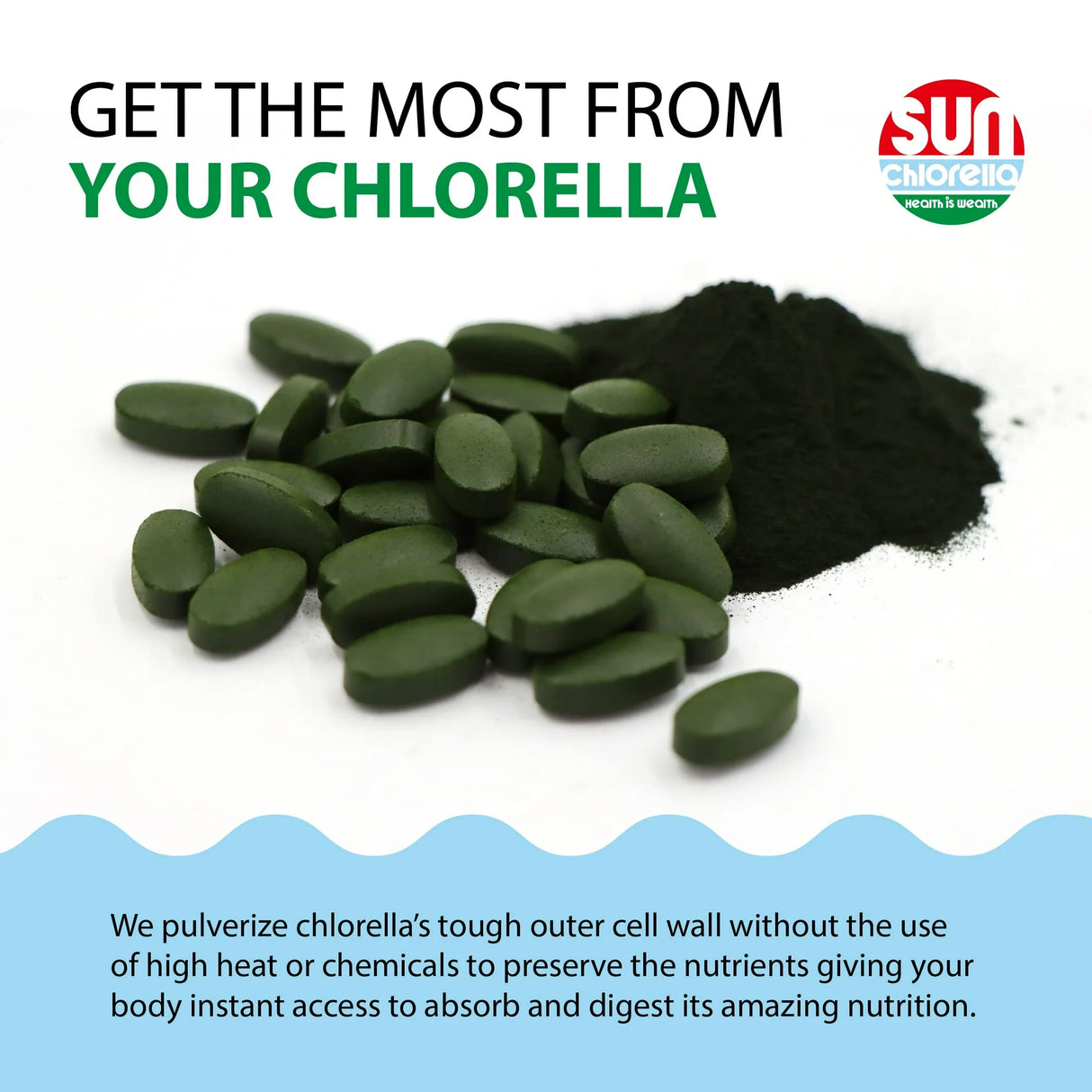 Chlorella tablets and powder with promotional text on a white background