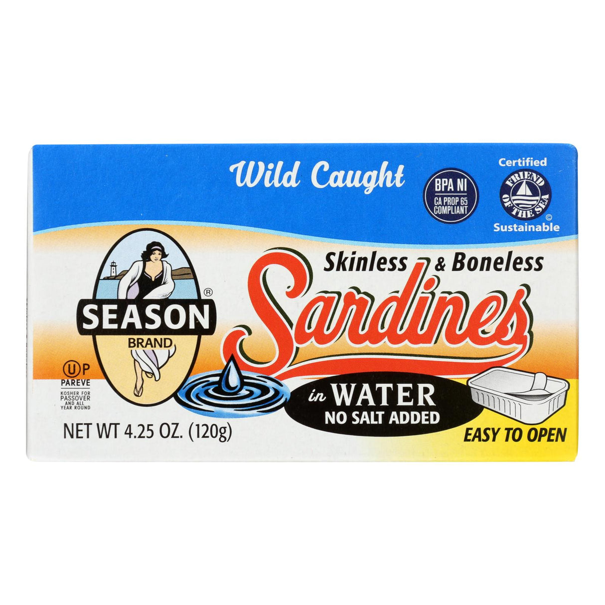 Season Skinless and Boneless Sardines in Water 4.25 oz, No Salt Added (Pack of 12) - Cozy Farm