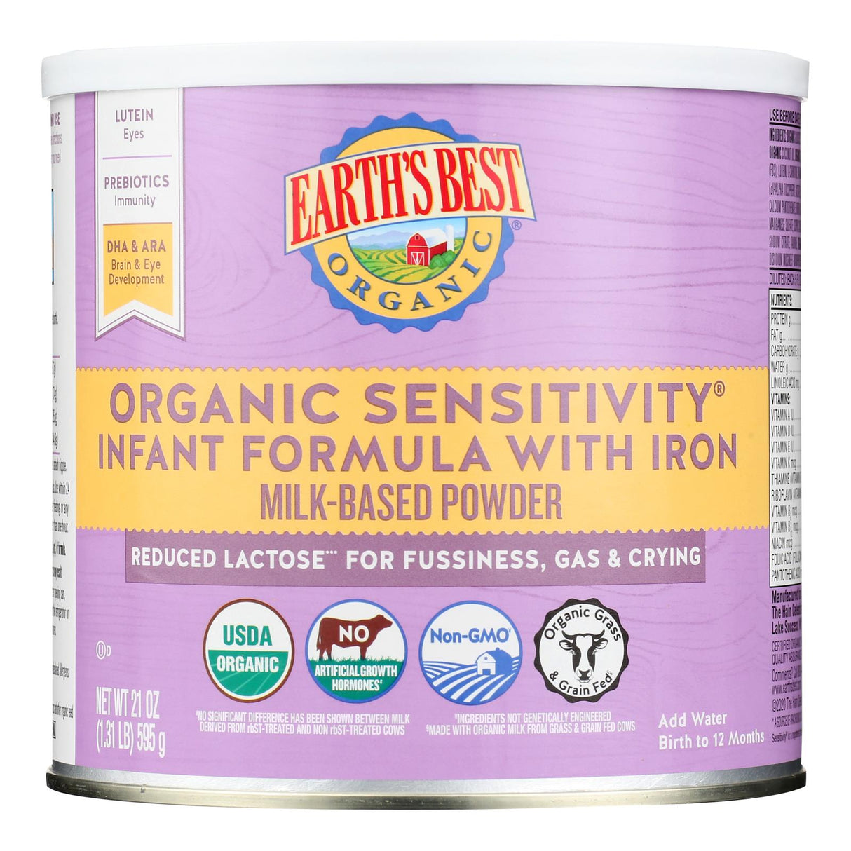 Earth's Best Organic Sensitive Infant Formula with Iron (21 oz, Pack of 4): Reduced Lactose, USDA Organic - Cozy Farm