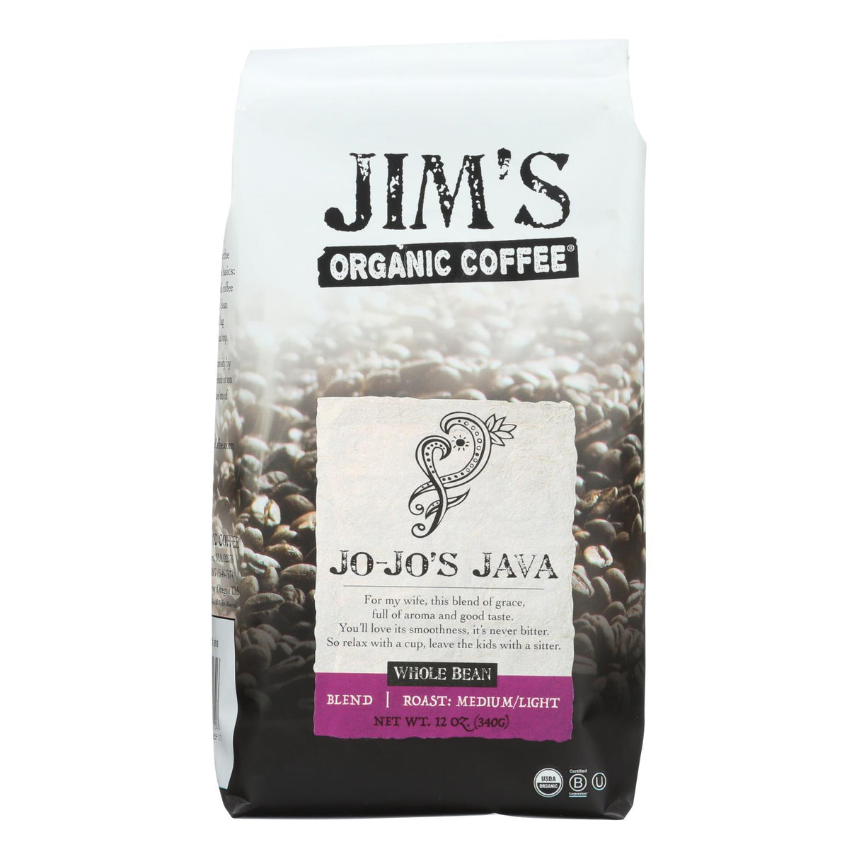 Jim's Organic Coffee: JoJo's Java Whole Beans, Pack of 6 x 12 Oz. - Cozy Farm